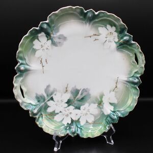 Antique RS Prussian Cake Plate Porcelain Iridescent Green Floral Open Handles